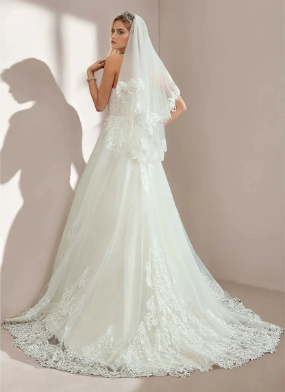 A-Line Princess Strapless Neckline Sleeveless Floor-Length Wedding Dress with Applique & Lace