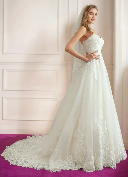 A-Line Princess Strapless Neckline Sleeveless Floor-Length Wedding Dress with Applique & Lace