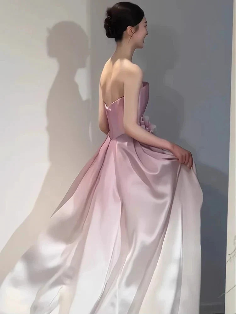 A-Line Princess Strapless Sleeveless Floor-Length Pleated Evening Dresses with 3D Flowers