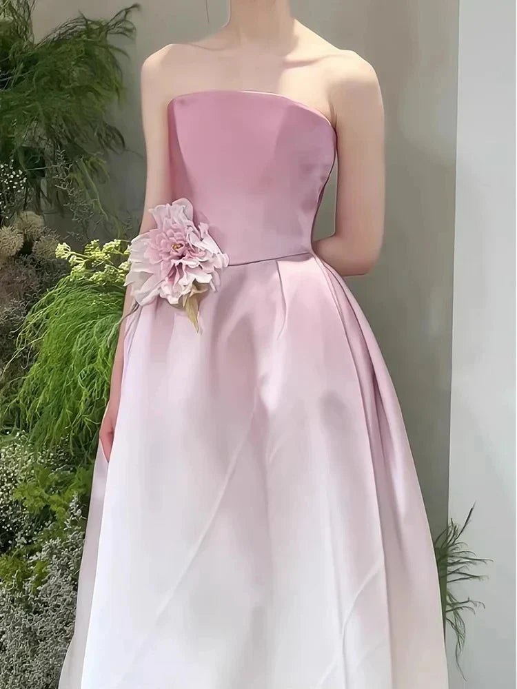 A-Line Princess Strapless Sleeveless Floor-Length Pleated Evening Dresses with 3D Flowers