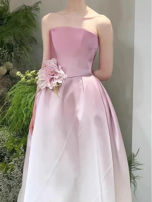 A-Line Princess Strapless Sleeveless Floor-Length Pleated Evening Dresses with 3D Flowers