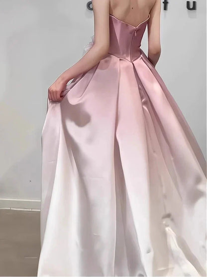 A-Line Princess Strapless Sleeveless Floor-Length Pleated Evening Dresses with 3D Flowers