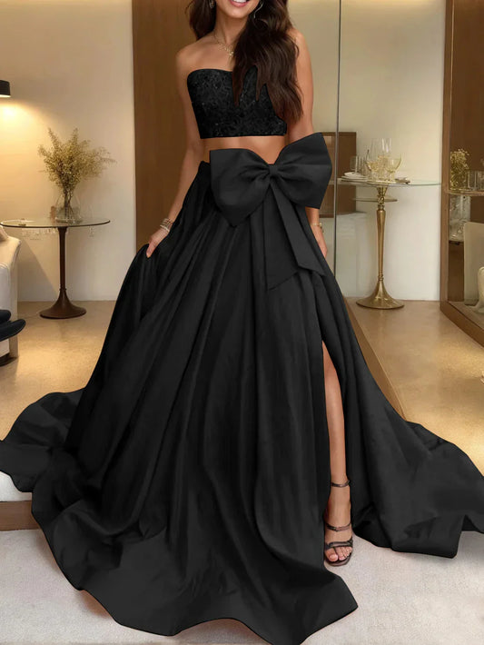 A-Line Princess Strapless Sleeveless Sweep Train Evening Dress with Bow(s)