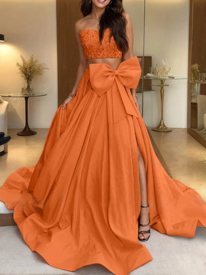 A-Line Princess Strapless Sleeveless Sweep Train Evening Dress with Bow(s)