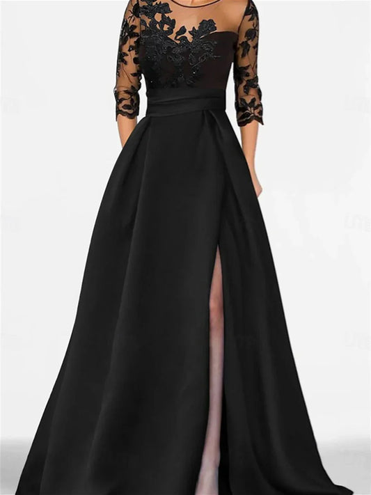 A-Line Princess Sweetheart 3/4 Sleeves Floor-Length Mother Of The Bride Dresses With Lace & Split Side