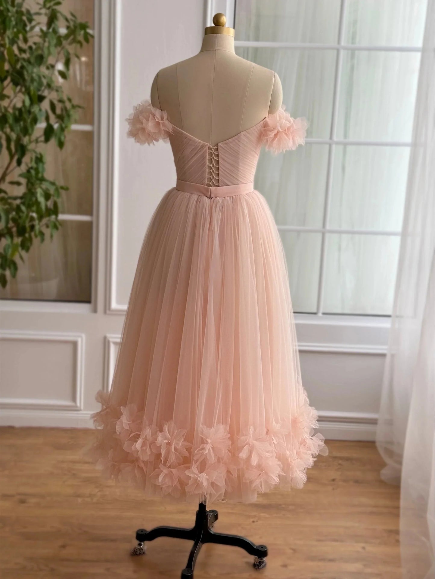 A-Line Princess Sweetheart Off-the-Shoulder Ankle-Length Prom Dress with Embroidered Flowers