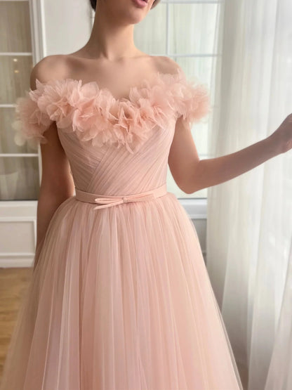 A-Line Princess Sweetheart Off-the-Shoulder Ankle-Length Prom Dress with Embroidered Flowers