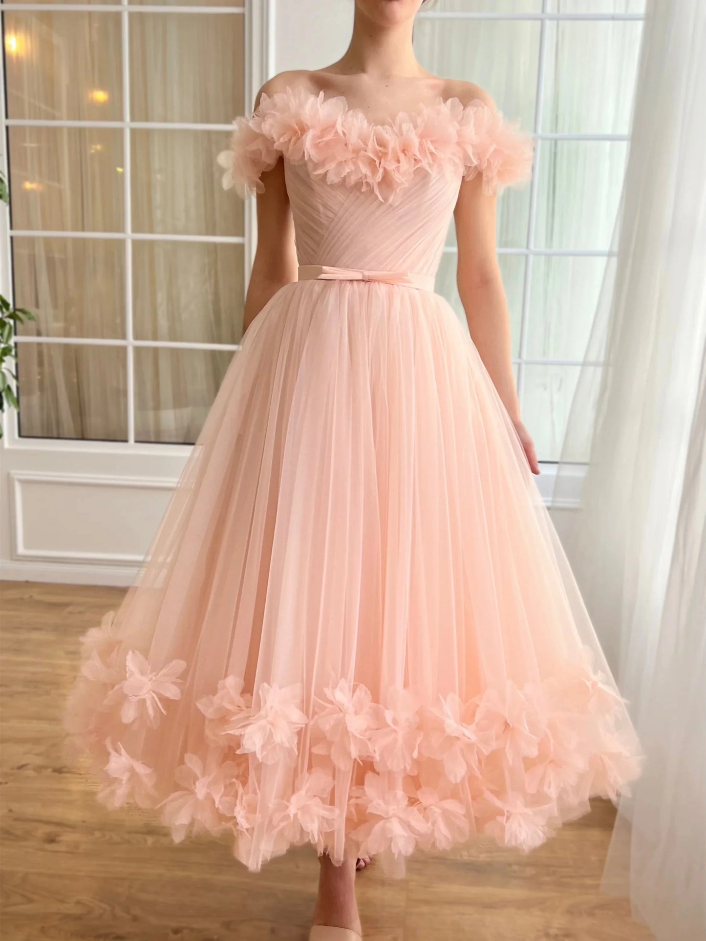 A-Line Princess Sweetheart Off-the-Shoulder Ankle-Length Prom Dress with Embroidered Flowers