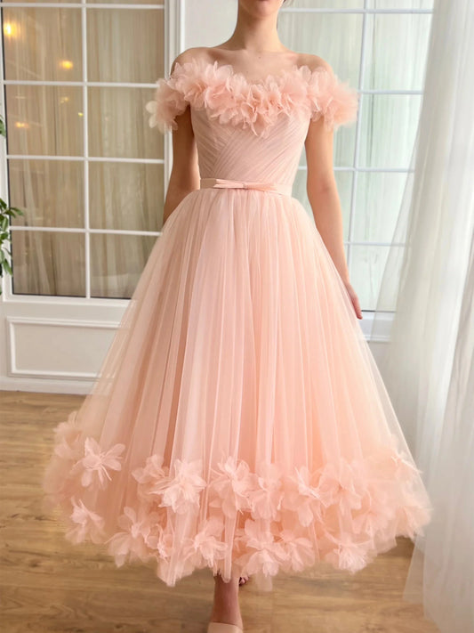 A-Line Princess Sweetheart Off-the-Shoulder Ankle-Length Prom Dress with Embroidered Flowers