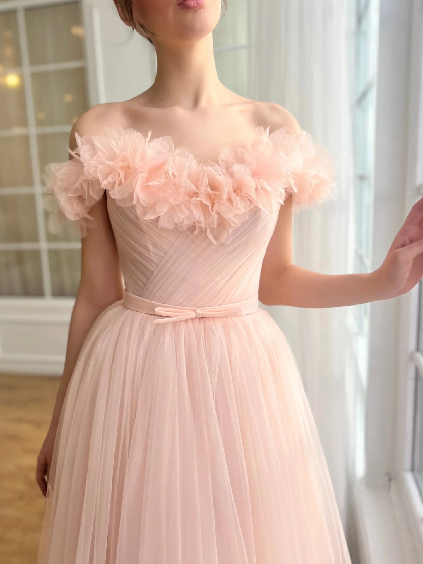 A-Line Princess Sweetheart Off-the-Shoulder Ankle-Length Prom Dress with Embroidered Flowers