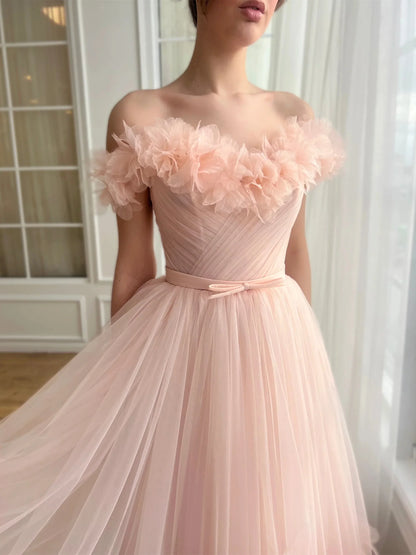 A-Line Princess Sweetheart Off-the-Shoulder Ankle-Length Prom Dress with Embroidered Flowers
