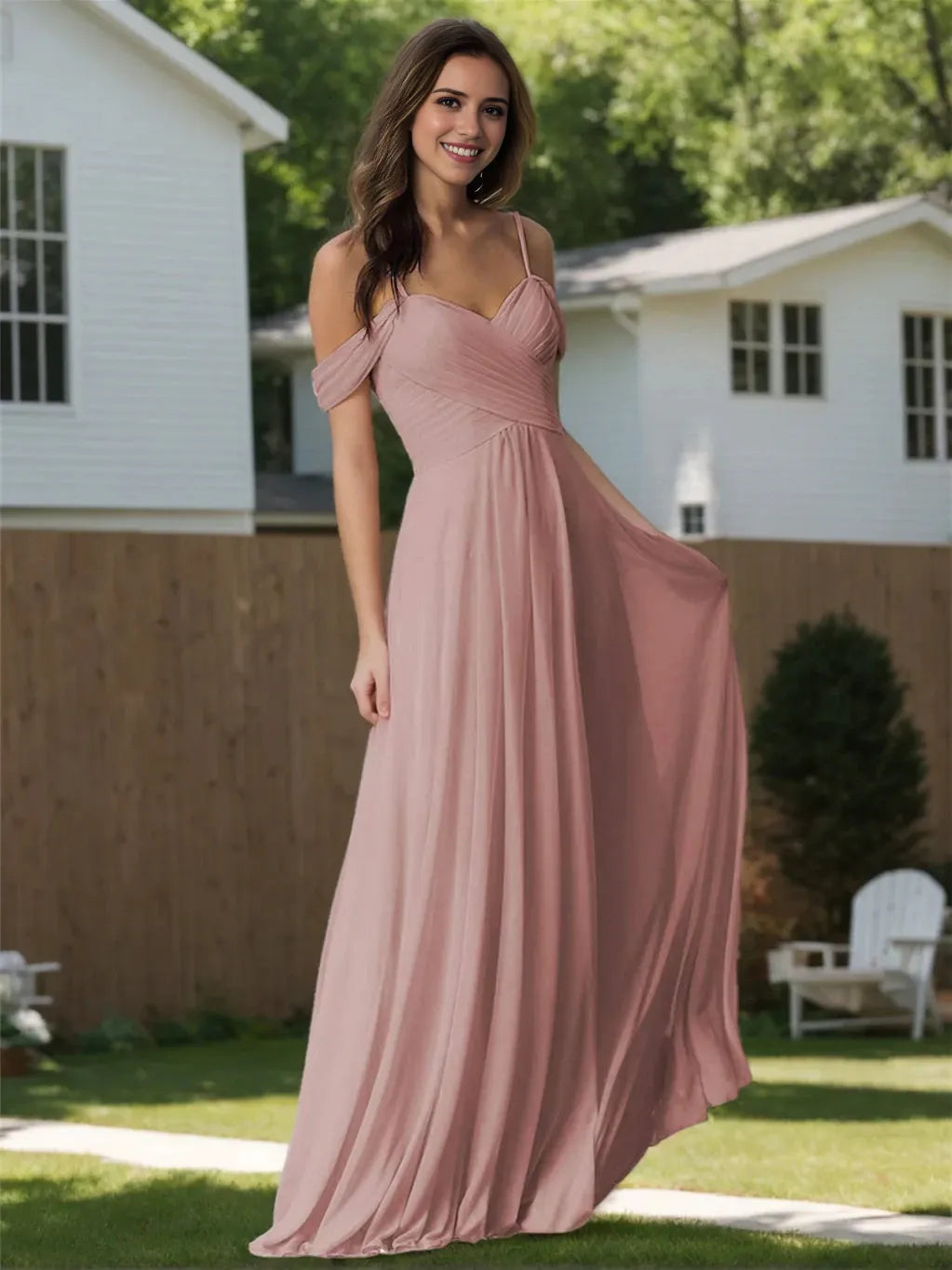 A-Line Princess Sweetheart Off Shoulder Sleeveless Floor Length Bridesmaid Dresses with Pockets Chiffon