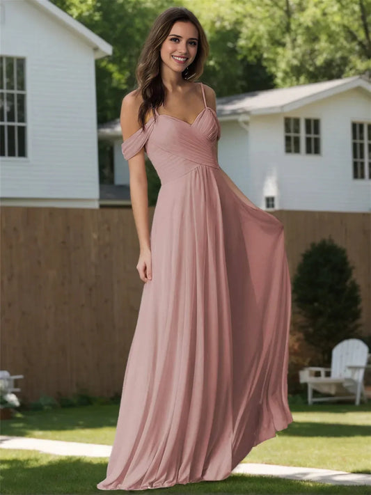 A-Line Princess Sweetheart Off Shoulder Sleeveless Floor Length Bridesmaid Dresses with Pockets Chiffon