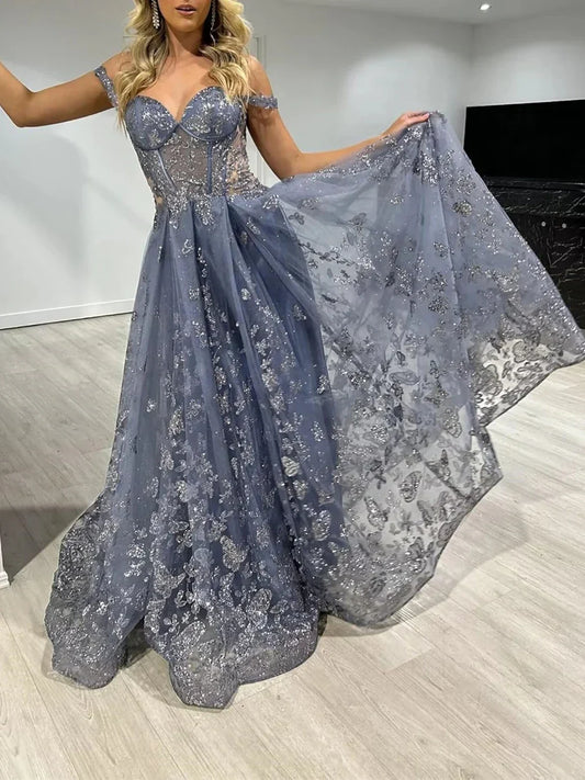 A-Line Princess Sweetheart Spaghetti Straps Floor-Length Formal Dress with Appliques