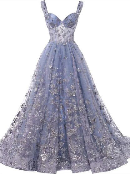 A-Line Princess Sweetheart Spaghetti Straps Floor-Length Formal Dress with Appliques