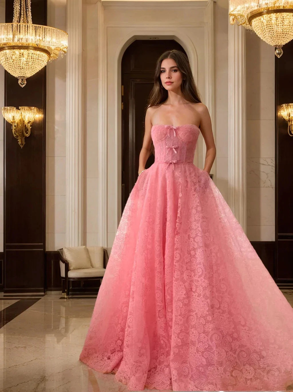 A-Line Princess Sweetheart Strapless Floor-Length Prom Dress with Bows