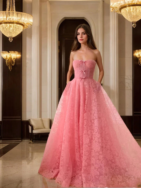 A-Line Princess Sweetheart Strapless Floor-Length Prom Dress with Bows