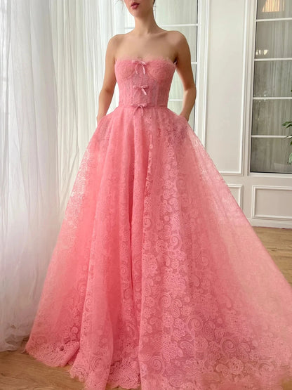A-Line Princess Sweetheart Strapless Floor-Length Prom Dress with Bows