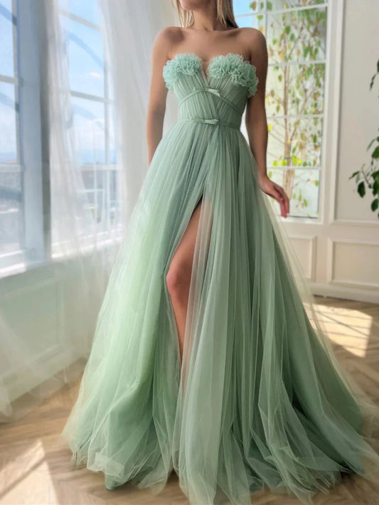 A-Line Princess Sweetheart Strapless Floor-Length Prom Dress with Slit