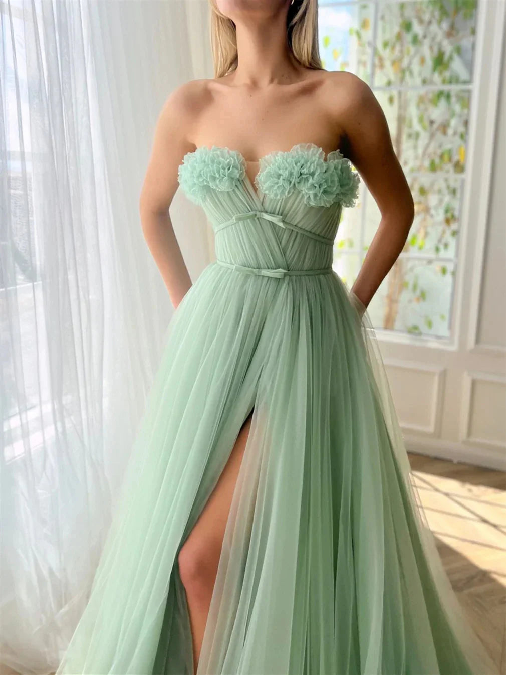 A-Line Princess Sweetheart Strapless Floor-Length Prom Dress with Slit
