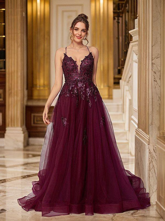 A-Line/Princess Tulle Romantic Applique V-neck Sleeveless Court Train Dresses