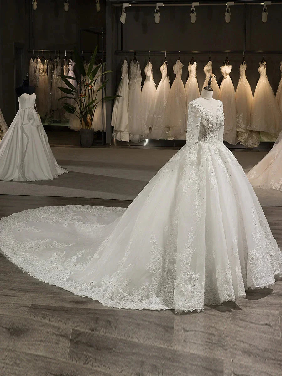 A-Line Princess Tulle Scoop Long Sleeves Wedding Dresses with Lace Appliques & Beading