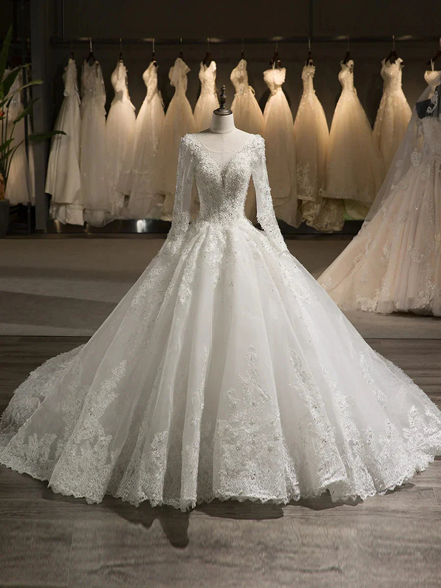 A-Line Princess Tulle Scoop Long Sleeves Wedding Dresses with Lace Appliques & Beading