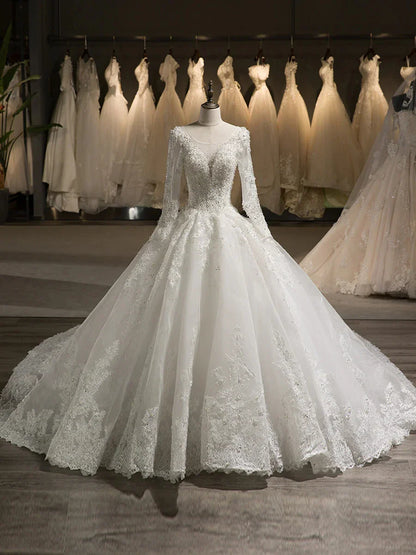 A-Line Princess Tulle Scoop Long Sleeves Wedding Dresses with Lace Appliques & Beading