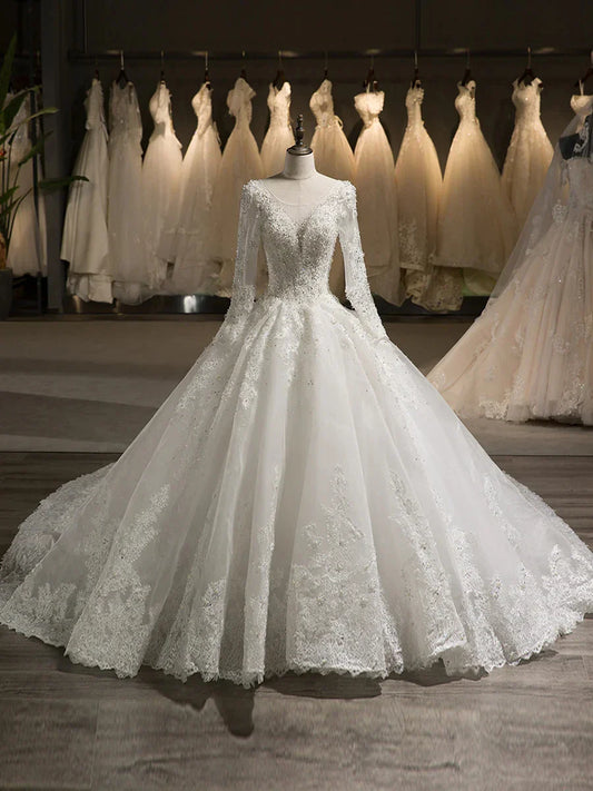 A-Line Princess Tulle Scoop Long Sleeves Wedding Dresses with Lace Appliques & Beading
