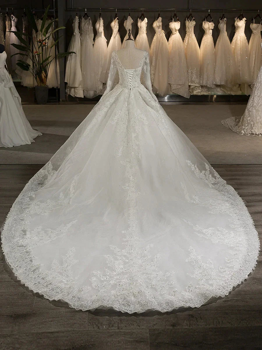 A-Line Princess Tulle Scoop Long Sleeves Wedding Dresses with Lace Appliques & Beading