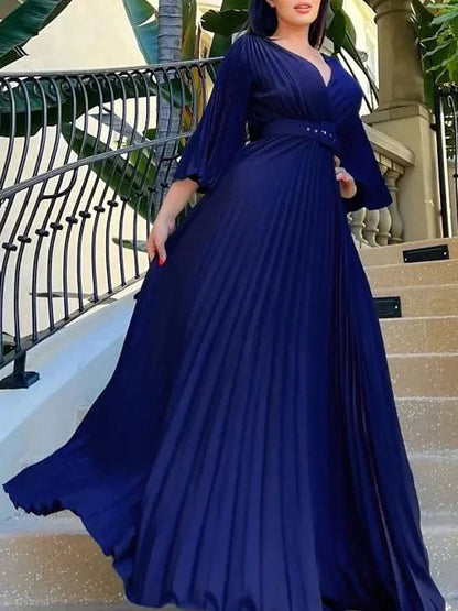 A-Line Princess V-Neck 34 Length Sleeves Floor-Length Party Cocktail Dress with Pleats