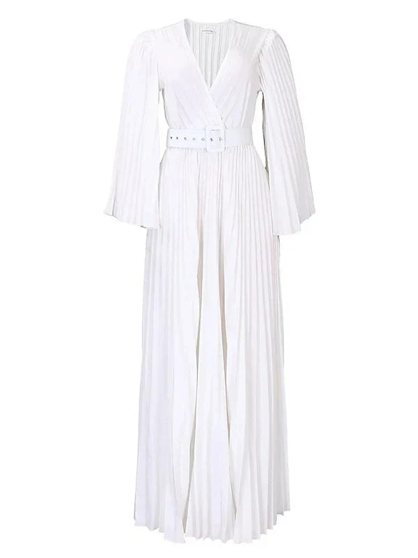 A-Line Princess V-Neck 34 Length Sleeves Floor-Length Party Cocktail Dress with Pleats