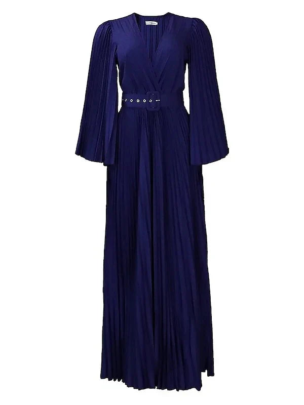 A-Line Princess V-Neck 34 Length Sleeves Floor-Length Party Cocktail Dress with Pleats