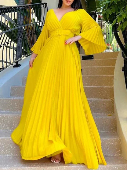 A-Line Princess V-Neck 34 Length Sleeves Floor-Length Party Cocktail Dress with Pleats