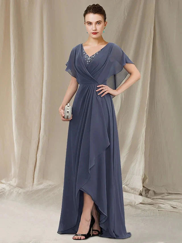A-Line Princess V-Neck Asymmetrical Mother of the Bride Dresses