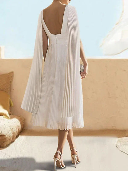 A-Line Princess V-Neck Floor-Length Tea-Length Cocktail Dress with Watteau Train