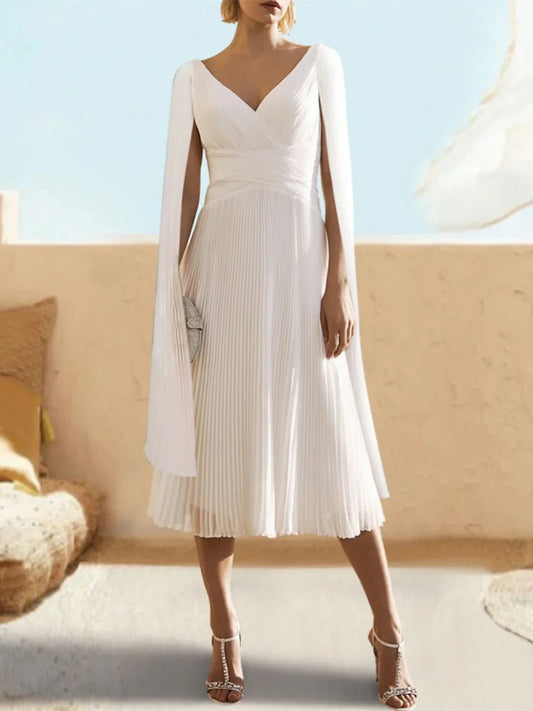 A-Line Princess V-Neck Floor-Length Tea-Length Cocktail Dress with Watteau Train