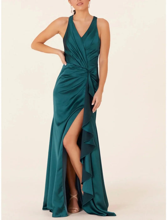 A-Line Princess V-Neck Floor-length Long Bridesmaid Dresses With Split Side