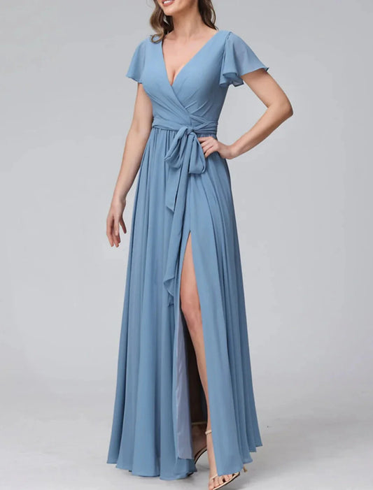 A-Line Princess V-Neck Floor-length Long Bridesmaid Dresses