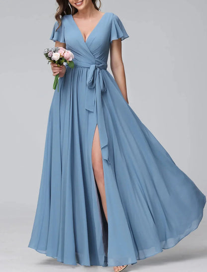 A-Line Princess V-Neck Floor-length Long Bridesmaid Dresses
