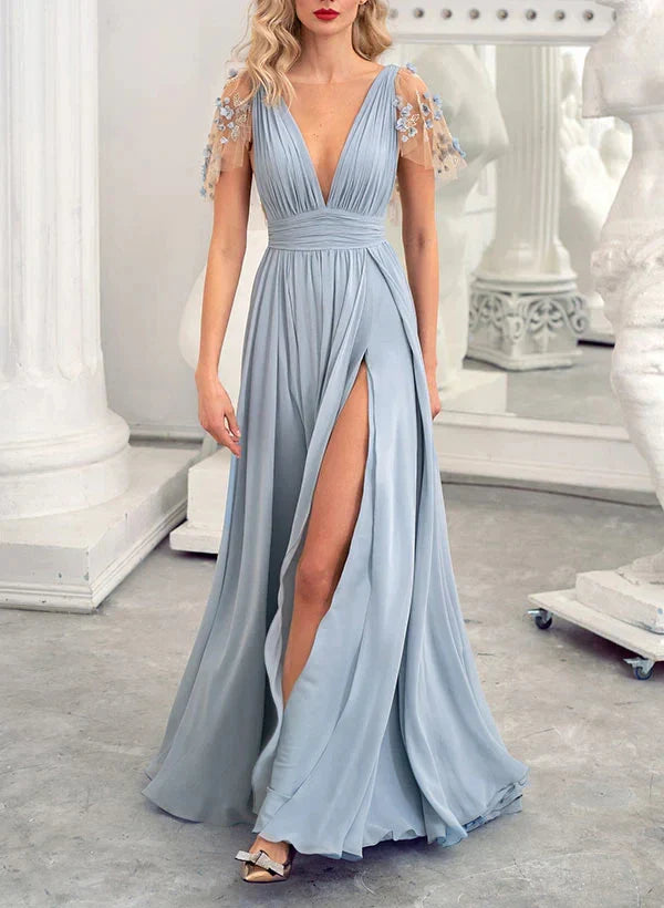 A-Line Princess V-Neck Floor-length Long Bridesmaid Dresses
