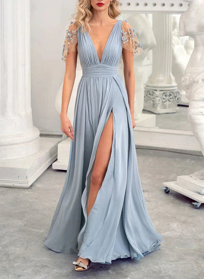A-Line Princess V-Neck Floor-length Long Bridesmaid Dresses