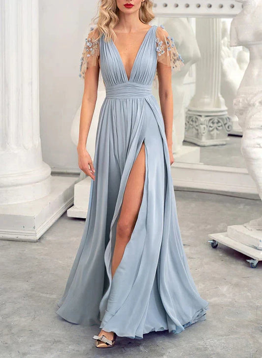 A-Line Princess V-Neck Floor-length Long Bridesmaid Dresses