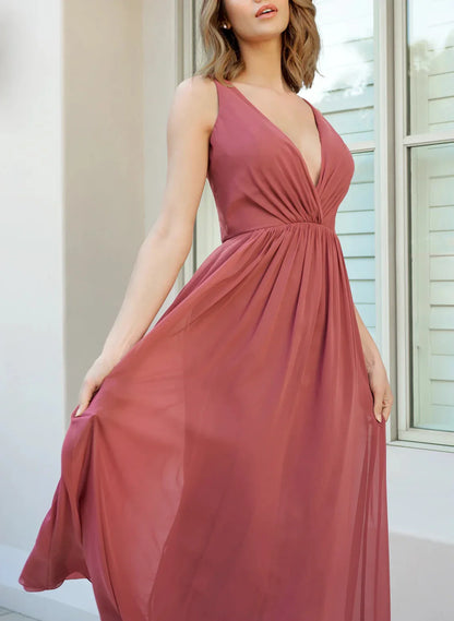 A-Line Princess V-Neck Floor-length Long Bridesmaid Dresses
