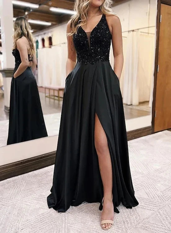 A-Line Princess V-Neck Floor-length Prom Dresses