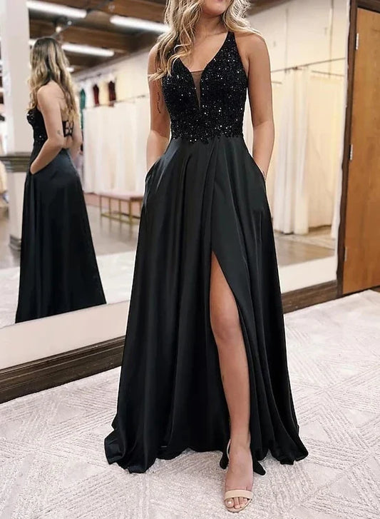 A-Line Princess V-Neck Floor-length Prom Dresses