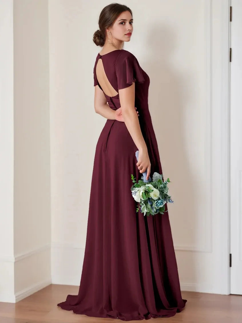 A-Line Princess V-Neck Flutter Sleeves Floor-Length Bridesmaid Dresses with Ruching