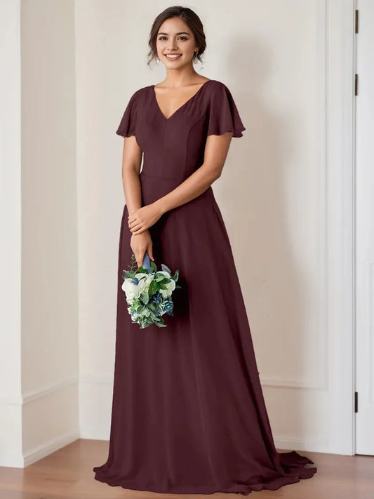 A-Line Princess V-Neck Flutter Sleeves Floor-Length Bridesmaid Dresses with Ruching