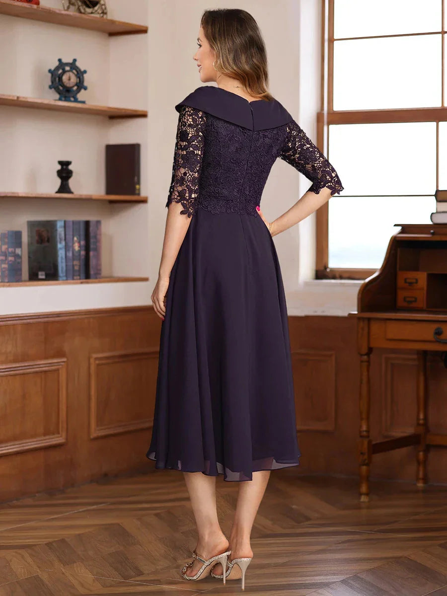 A-LinePrincess V-Neck Half Sleeves Tea Length Mother of the Bride & Groom Dresses with Lace Appliques