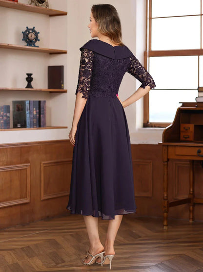 A-LinePrincess V-Neck Half Sleeves Tea Length Mother of the Bride & Groom Dresses with Lace Appliques